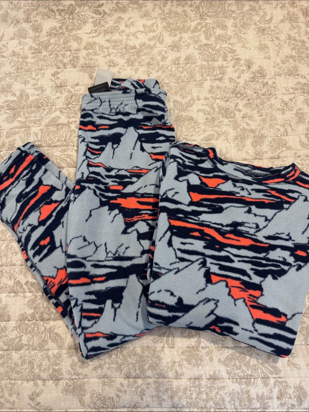 Kids Fleece Bottoms in Light Blue with Navy & Orange Pattern